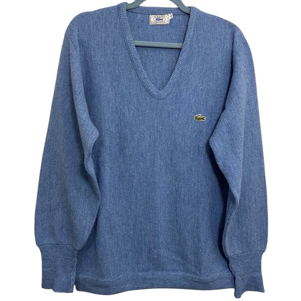 Lacoste Men’s Vintage 80’s Blue V Neck Long‎ Sleeve Classic Sweater Size Large